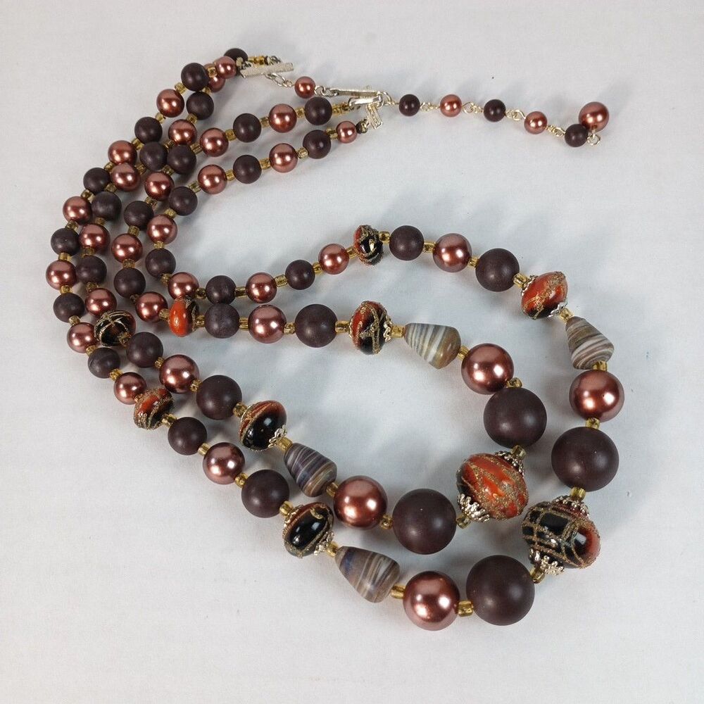 Japan Branded 2 Strand Gold Tone, Brown & Copper Beads 17.5" Necklace - Picture 2 of 6